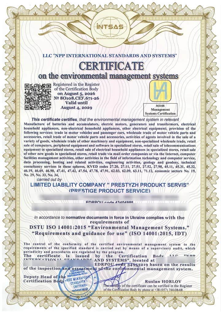Akkreditiertes Zertifikat für das Umweltmanagementsystem ISO 14001