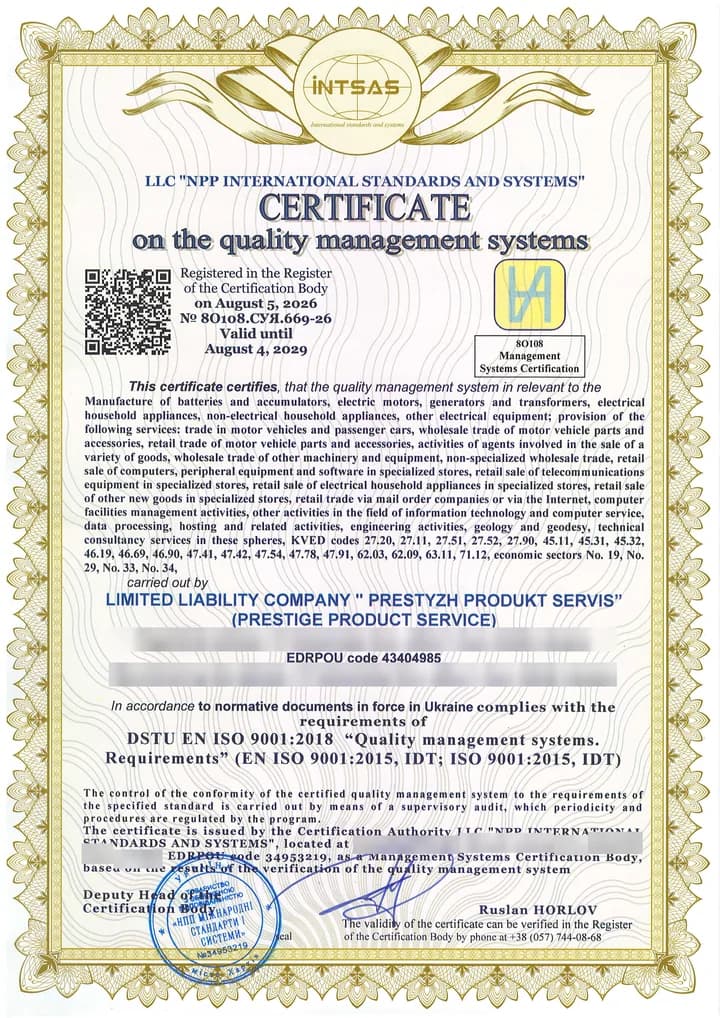 Akkreditiertes Zertifikat für das Qualitätsmanagementsystem ISO 9001